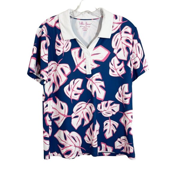 Lillie Green Blue Palm Leaf Print Short Sleeve Golf Polo Preppy - Size Large - Picture 1 of 5